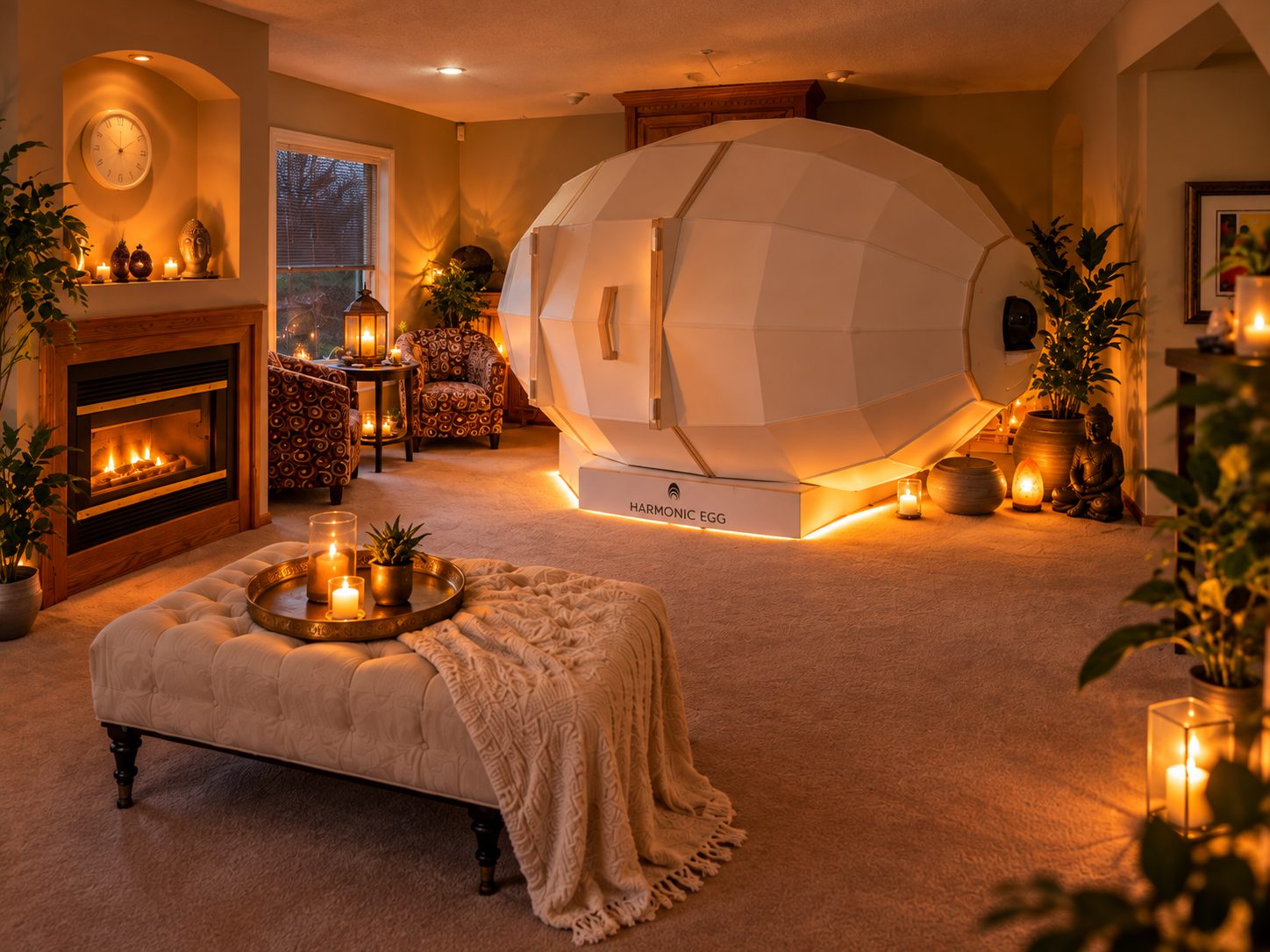 The Harmonic Egg pod glowing softly beside a fireplace, plants and candlelight