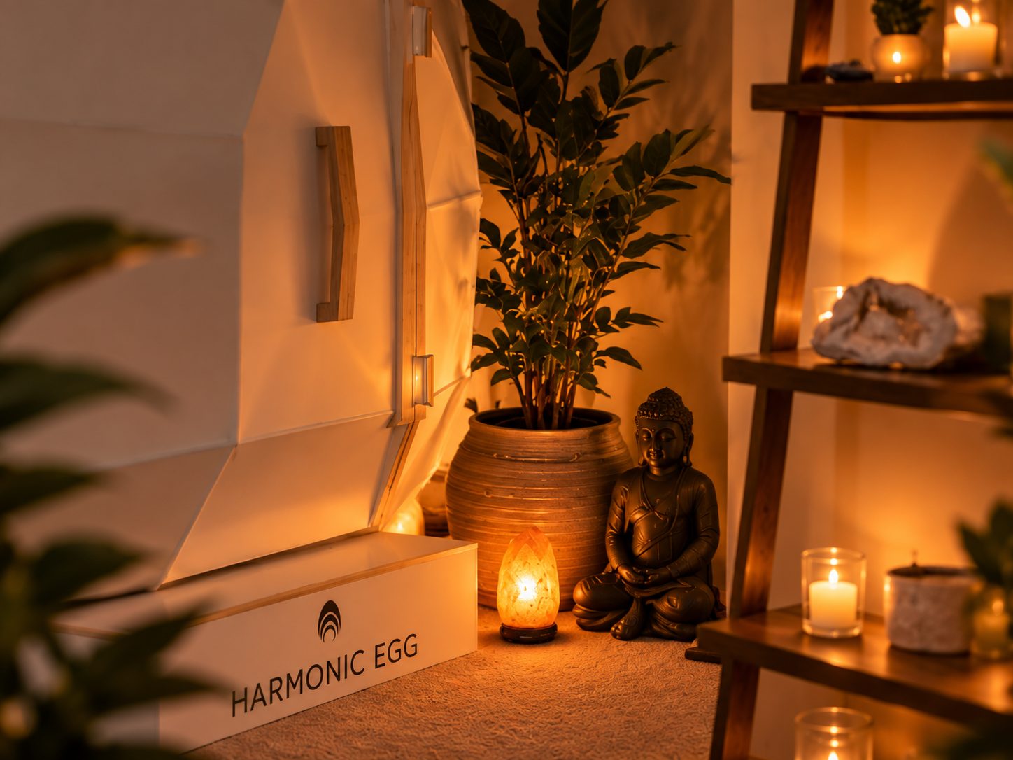 Close view of the Harmonic Egg pod door, salt lamp, and Buddha statue