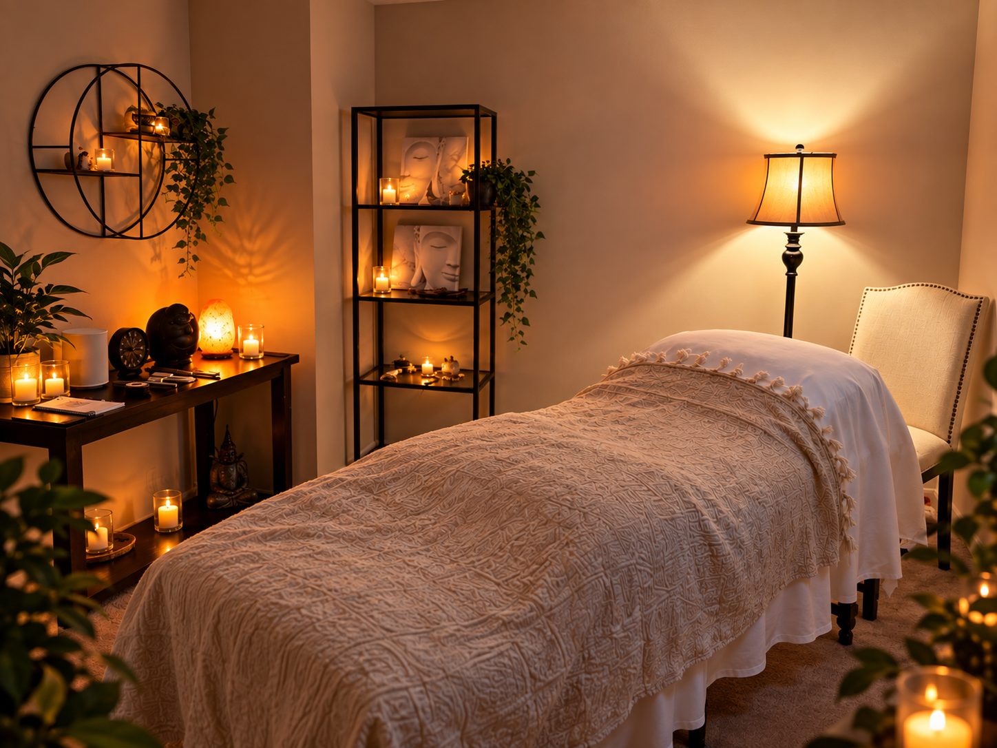 Candlelit treatment room at WITHIN with a massage table, Buddha statues, and warm lamplight